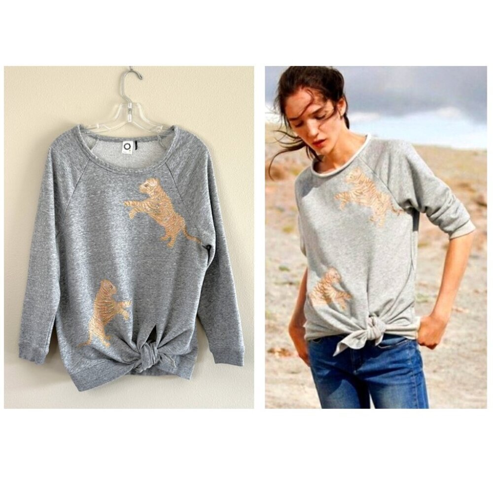 Anthro AKEMI + KIN Grey Beaded Tiger Sweatshirt